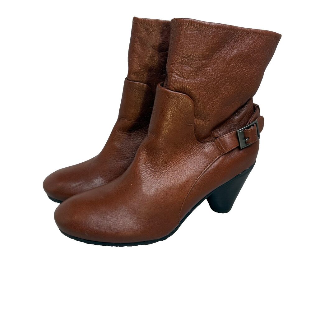 Biviel Leather Heeled Boots Brown Zip Closure Strap Accent Women’s Size 38 EUC-
